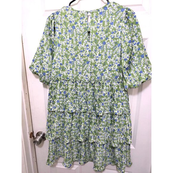 Code Mode Green Floral Tiered Ruffle Fary Tale Dress Puff Sleeves Size S - Picture 3 of 9